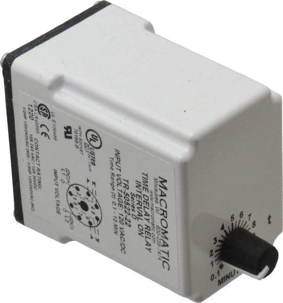 Macromatic - 8 Pin, 10 min Delay, Multiple Range DPDT Time Delay Relay - 10 Contact Amp, 120 VAC/VDC, Knob - Makers Industrial Supply