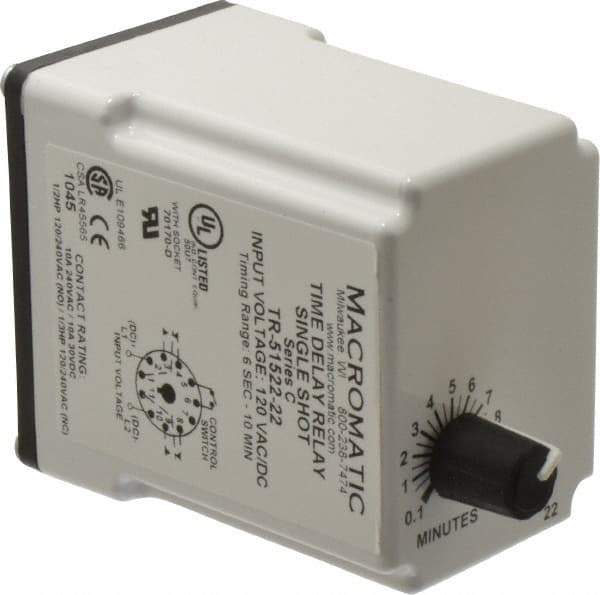 Macromatic - 11 Pin, 10 min Delay, Multiple Range DPDT Time Delay Relay - 10 Contact Amp, 120 VAC/VDC, Knob - Makers Industrial Supply