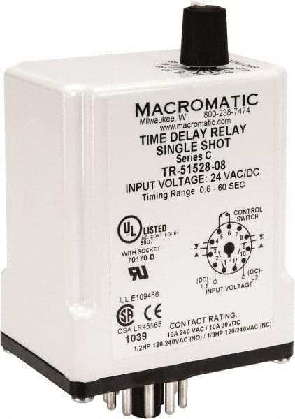 Macromatic - 11 Pin, Multiple Range DPDT Time Delay Relay - 10 Contact Amp, 24 VAC/VDC, Knob - Makers Industrial Supply