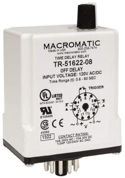 Macromatic - 11 Pin, Multiple Range DPDT Time Delay Relay - 10 Contact Amp, 120 VAC/VDC, Knob - Makers Industrial Supply