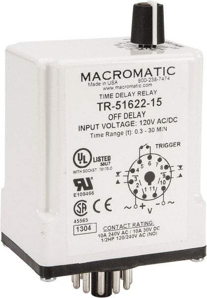 Macromatic - 11 Pin, 0.3 to 30 min Delay, Multiple Range DPDT Time Delay Relay - 10 Contact Amp, 120 VAC/VDC, Knob - Makers Industrial Supply