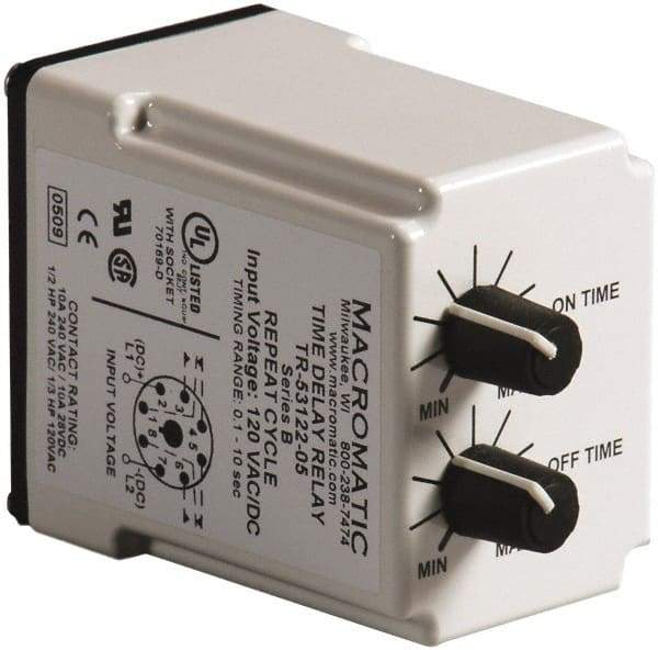 Macromatic - 8 Pin, 10 min Delay, Multiple Range DPDT Time Delay Relay - 10 Contact Amp, 120 VAC/VDC, Knob - Makers Industrial Supply