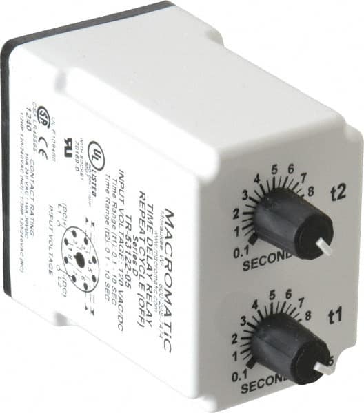 Macromatic - 8 Pin, Multiple Range DPDT Time Delay Relay - 10 Contact Amp, 120 VAC/VDC, Knob - Makers Industrial Supply