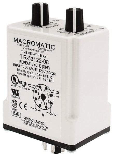 Macromatic - 8 Pin, Multiple Range DPDT Time Delay Relay - 10 Contact Amp, 120 VAC/VDC, Knob - Makers Industrial Supply