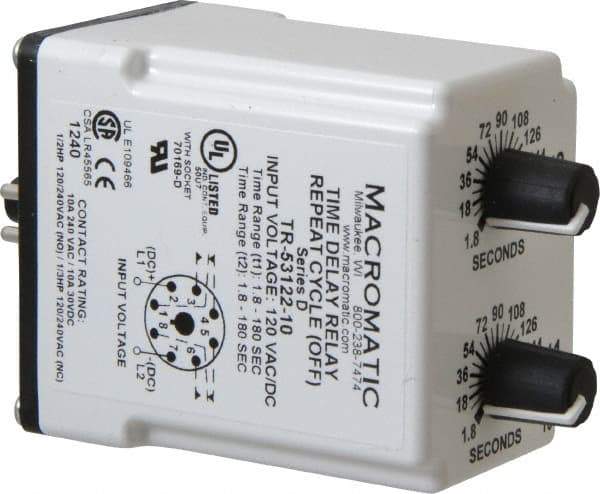 Macromatic - 8 Pin, Multiple Range DPDT Time Delay Relay - 10 Contact Amp, 120 VAC/VDC, Knob - Makers Industrial Supply