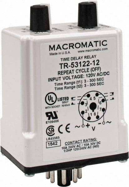 Macromatic - 8 Pin, Multiple Range DPDT Time Delay Relay - 10 Contact Amp, 120 VAC/VDC, Knob - Makers Industrial Supply