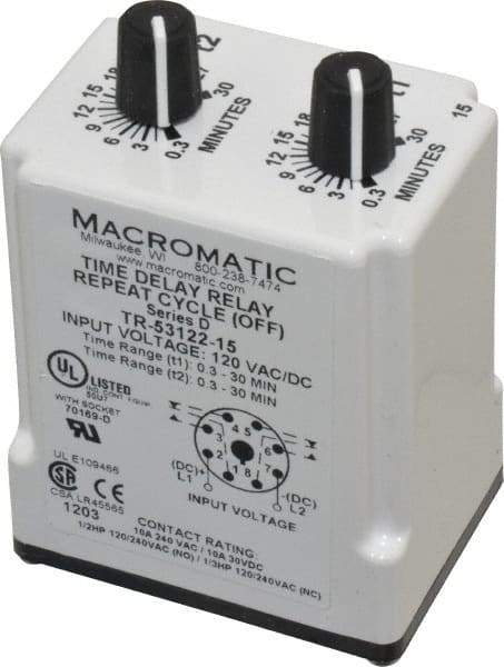 Macromatic - 8 Pin, 30 min Delay, Multiple Range DPDT Time Delay Relay - 10 Contact Amp, 120 VAC/VDC, Knob - Makers Industrial Supply