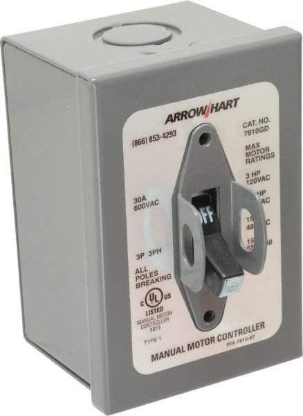 Cooper Wiring Devices - 3 Poles, 30 Amp, 3PST, NEMA, Enclosed Manual Motor Starter - 66.8mm Wide x 118.62mm Deep x 112.27mm High, 15 hp at 480 V, 15 hp at 600 V, 3 hp at 120 V & 7-1/2 hp at 240 V, CSA C22.2 No. 14, NEMA 1 & UL 508 - Makers Industrial Supply