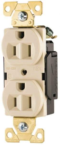 Cooper Wiring Devices - 125 VAC, 15 Amp, 5-15R NEMA Configuration, Ivory, Industrial Grade, Self Grounding Duplex Receptacle - 1 Phase, 2 Poles, 3 Wire, Flush Mount, Antimicrobial, Chemical and Impact Resistant - Makers Industrial Supply