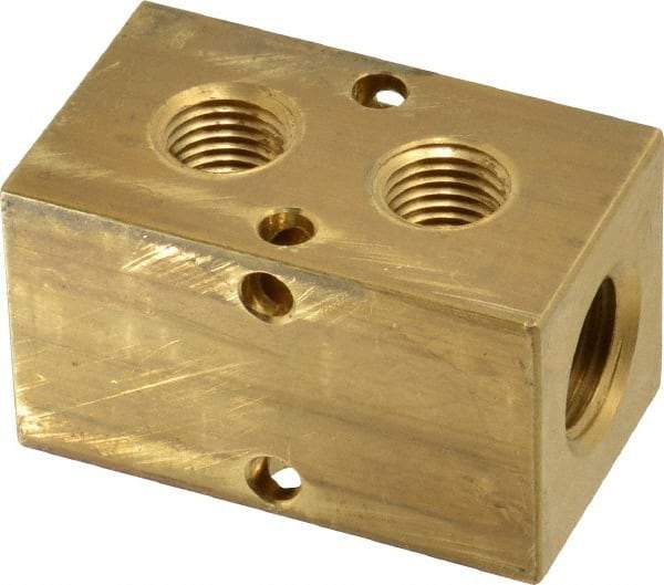 Made in USA - 3/8" Inlet, 1/4" Outlet Manifold - 2.13" Long x 1-1/4" Wide x 1-1/4" High, 0.2" Mount Hole, 2 Inlet Ports, 2 Outlet Ports - Makers Industrial Supply