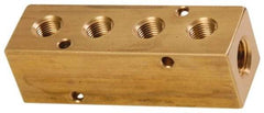 Made in USA - 1/2" Inlet, 3/8" Outlet Manifold - 4-3/4" Long x 1-1/2" Wide x 1-1/2" High, 0.2" Mount Hole, 2 Inlet Ports, 4 Outlet Ports - Makers Industrial Supply