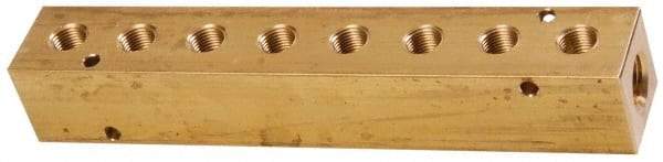 Made in USA - 3/8" Inlet, 1/4" Outlet Manifold - 7.38" Long x 1-1/4" Wide x 1-1/4" High, 0.2" Mount Hole, 2 Inlet Ports, 8 Outlet Ports - Makers Industrial Supply