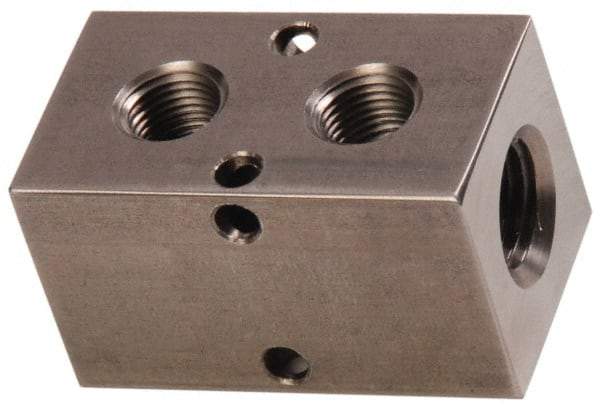 Made in USA - 1/2" Inlet, 3/8" Outlet Manifold - 2-3/4" Long x 1-1/2" Wide x 1-1/2" High, 0.2" Mount Hole, 2 Inlet Ports, 2 Outlet Ports - Makers Industrial Supply