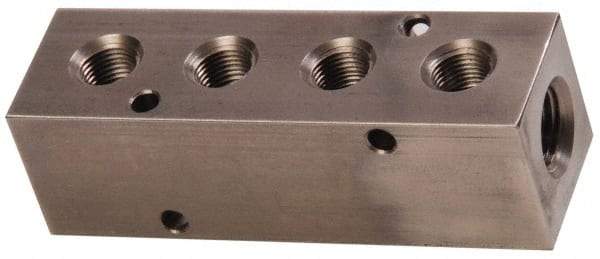 Made in USA - 1/2" Inlet, 3/8" Outlet Manifold - 4-3/4" Long x 1-1/2" Wide x 1-1/2" High, 0.2" Mount Hole, 2 Inlet Ports, 4 Outlet Ports - Makers Industrial Supply