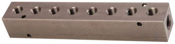 Made in USA - 1/2" Inlet, 3/8" Outlet Manifold - 8-3/4" Long x 1-1/2" Wide x 1-1/2" High, 0.2" Mount Hole, 2 Inlet Ports, 8 Outlet Ports - Makers Industrial Supply