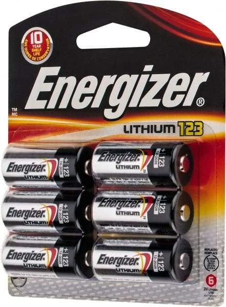 Energizer - Size 123, Lithium, 6 Pack, Photo Battery - 3 Volts, Flat Terminal, CR17345, ANSI, IEC Regulated - Makers Industrial Supply