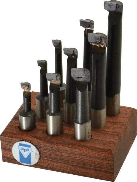 Made in USA - 5/16 to 9/16" Min Diam, 3/4 to 3" Max Depth, 1/2" Shank Diam, 2-1/4 to 4-1/2" OAL Boring Bar Set - C2 Carbide Tipped, Bright Finish, Right Hand Cut, 9 Piece Set - Exact Industrial Supply