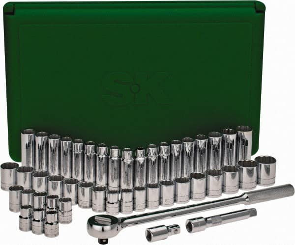 SK - 47 Piece 1/2" Drive Deep Well Socket Set - 12 Points, 1/2" to 1-1/2" (10mm to 24mm) Range, Inch/Metric Measurement Standard - Makers Industrial Supply