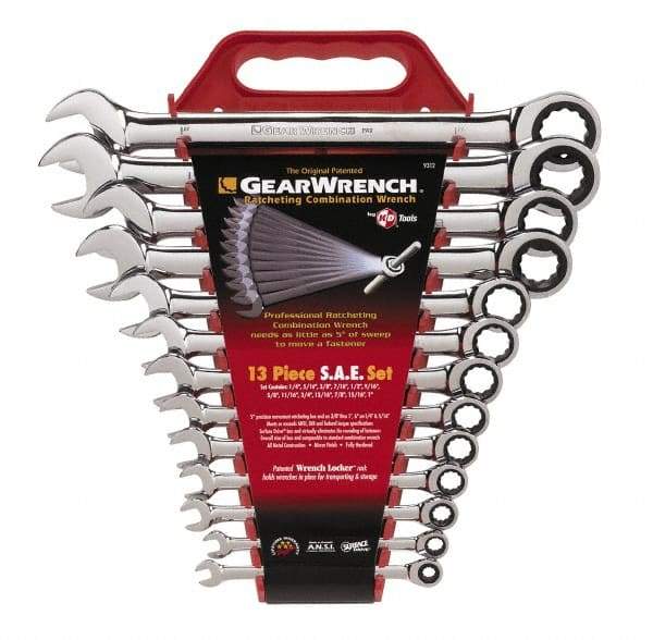 GearWrench - 13 Piece, 1/4" to 1", Combination Wrench Set - Inch Measurement Standard, Chrome Finish, Comes in Plastic Rack - Makers Industrial Supply