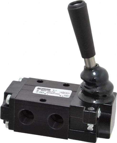 Parker - 0.83 CV Rate, 1/4" NPT Inlet Direct Air 4 Mechanical Spool Valve - 3 Way, 2 Position NC, 150 Max psi, Lever Manual Return - Makers Industrial Supply