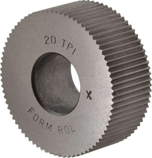 Made in USA - 1-1/4" Diam, 90° Tooth Angle, 20 TPI, Standard (Shape), Form Type Cobalt Straight Knurl Wheel - 1/2" Face Width, 1/2" Hole, Circular Pitch, Bright Finish, Series PH - Exact Industrial Supply