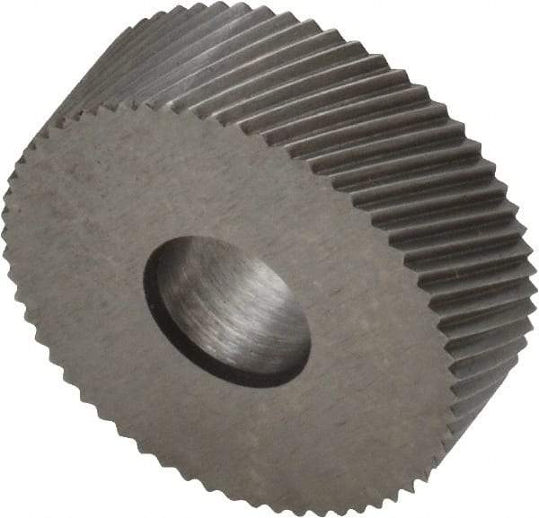 Made in USA - 3/4" Diam, 90° Tooth Angle, 30 TPI, Standard (Shape), Form Type Cobalt Right-Hand Diagonal Knurl Wheel - 1/4" Face Width, 1/4" Hole, Circular Pitch, 30° Helix, Bright Finish, Series KN - Exact Industrial Supply