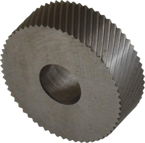 Made in USA - 3/4" Diam, 90° Tooth Angle, 30 TPI, Standard (Shape), Form Type Cobalt Left-Hand Diagonal Knurl Wheel - 1/4" Face Width, 1/4" Hole, Circular Pitch, 30° Helix, Bright Finish, Series KN - Exact Industrial Supply