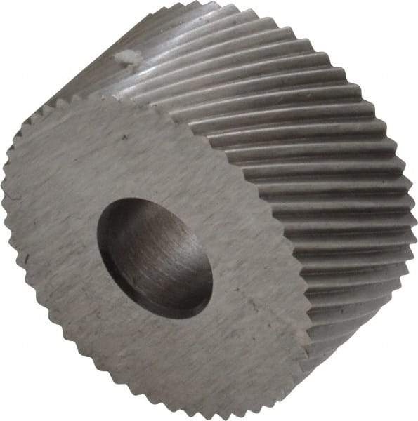 Made in USA - 3/4" Diam, 90° Tooth Angle, 25 TPI, Standard (Shape), Form Type Cobalt Right-Hand Diagonal Knurl Wheel - 3/8" Face Width, 1/4" Hole, Circular Pitch, 30° Helix, Bright Finish, Series KP - Exact Industrial Supply