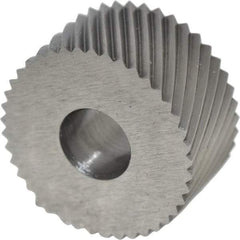 Made in USA - 3/4" Diam, 90° Tooth Angle, 20 TPI, Standard (Shape), Form Type Cobalt Left-Hand Diagonal Knurl Wheel - 3/8" Face Width, 1/4" Hole, Circular Pitch, 30° Helix, Bright Finish, Series KP - Exact Industrial Supply