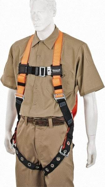 Miller - 400 Lb Capacity, Size Universal, Full Body Construction Safety Harness - Polyester, Tongue Leg Strap, Mating Chest Strap, Orange/Black - Makers Industrial Supply