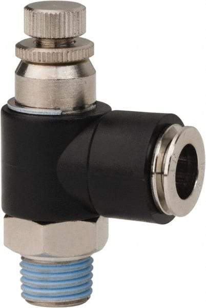 PRO-SOURCE - 1/4" NPT x 3/8" Tube OD Right Angle Flow Control Valve - 0 to 113.76 psi & Techno Polymer, Brass, Steel Material - Makers Industrial Supply