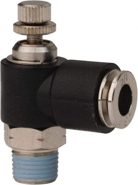 PRO-SOURCE - 1/8" NPT x 1/4" Tube OD Right Angle Flow Control Valve - 0 to 113.76 psi & Techno Polymer, Brass, Steel Material - Makers Industrial Supply