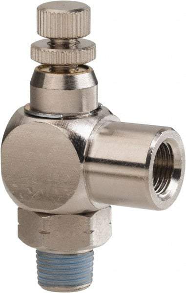 PRO-SOURCE - 1/8" Male NPT x 1/8" Female NPT Right Angle Flow Control Valve - 0 to 113.76 psi & Nickel Plated Brass Material - Makers Industrial Supply