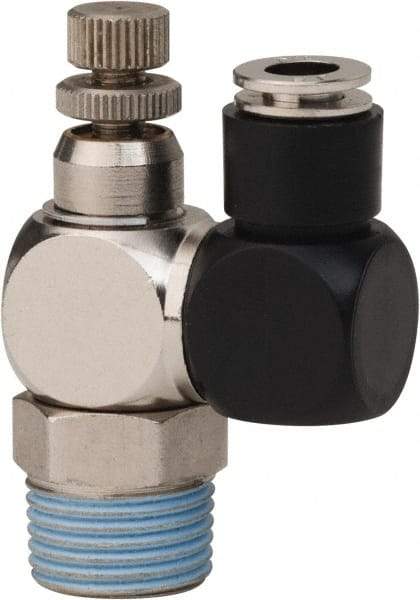 PRO-SOURCE - 3/8" Male NPT x 1/4" Tube OD Flow Control Offset Inline Valve - 0 to 113.76 psi & Techno Polymer, Brass, Steel Material - Makers Industrial Supply