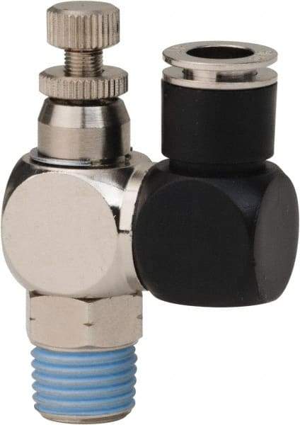 PRO-SOURCE - 1/4" Male NPT x 5/16" Tube OD Flow Control Offset Inline Valve - 0 to 113.76 psi & Techno Polymer, Brass, Steel Material - Makers Industrial Supply