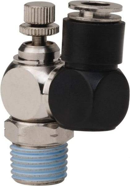 PRO-SOURCE - 1/4" Male NPT x 1/4" Tube OD Flow Control Offset Inline Valve - 0 to 113.76 psi & Techno Polymer, Brass, Steel Material - Makers Industrial Supply