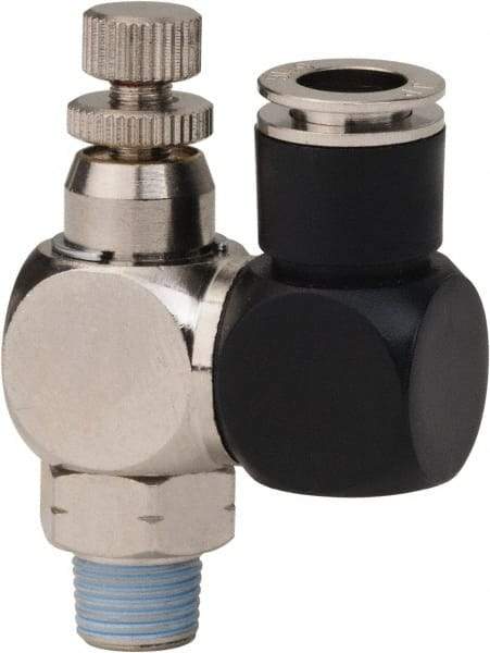 Value Collection - 1/8" Male NPT x 5/16" Tube OD Flow Control Offset Inline Valve - 0 to 113.76 psi & Techno Polymer, Brass, Steel Material - Makers Industrial Supply