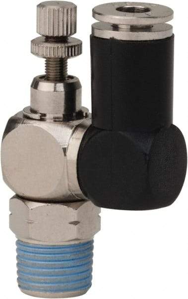 Value Collection - 1/8" Male NPT x 5/32" Tube OD Flow Control Offset Inline Valve - 0 to 113.76 psi & Techno Polymer, Brass, Steel Material - Makers Industrial Supply