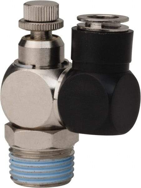 Value Collection - 1/2" Male NPT x 3/8" Tube OD Flow Control Offset Inline Valve - 0 to 113.76 psi & Techno Polymer, Brass, Steel Material - Makers Industrial Supply