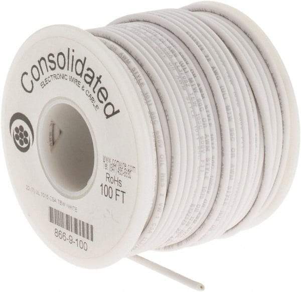 Made in USA - 22 AWG, 7 Strand, 100' OAL, Tinned Copper Hook Up Wire - White PVC Jacket, 0.091" Diam - Makers Industrial Supply