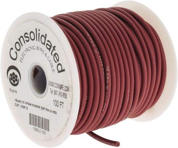 Made in USA - 18 AWG, 65 Strand, 100' OAL, Tinned Copper Hook Up Wire - Red EPDM Jacket, 0.145" Diam - Makers Industrial Supply