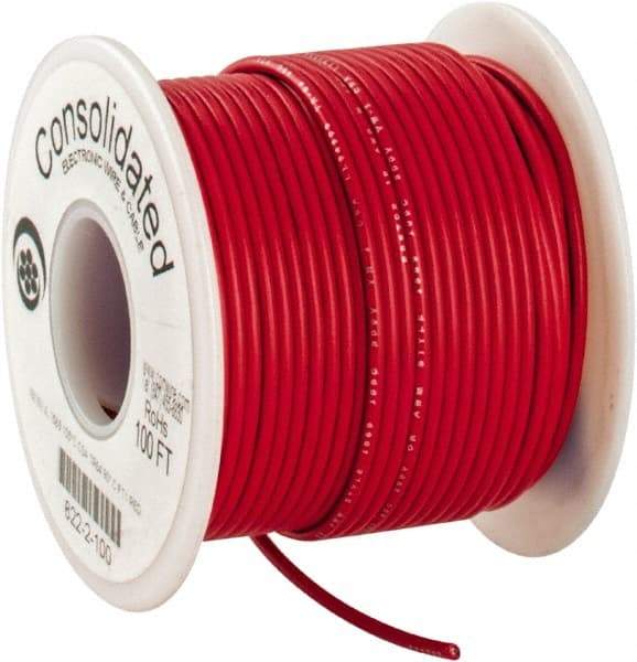 Made in USA - 18 AWG, 16 Strand, 100' OAL, Tinned Copper Hook Up Wire - Red PVC Jacket, 0.08" Diam - Makers Industrial Supply