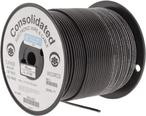 Made in USA - 12 AWG, 65 Strand, 500' OAL, Tinned Copper Hook Up Wire - Black PVC Jacket, 0.155" Diam - Makers Industrial Supply