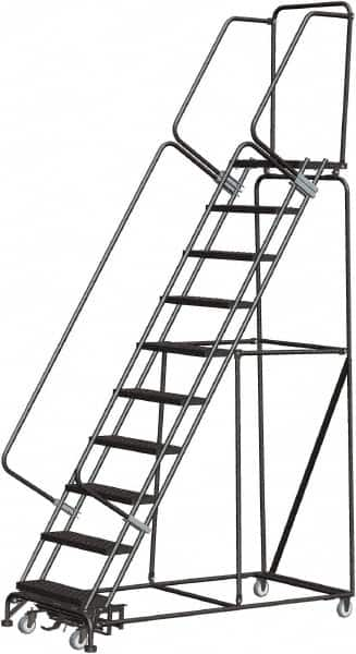 Ballymore - 133" 10 Step Rolling Warehouse Ladder - Lock Step Rolling Safety Ladder, 450 Lb Capacity, 100" Platform Height, 32" Base Width x 74" Base Depth, Perforated Tread - Makers Industrial Supply