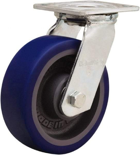 Hamilton - 6" Diam x 2" Wide x 7-1/2" OAH Top Plate Mount Swivel Caster - Polyurethane Mold onto Cast Iron Center, 900 Lb Capacity, Sealed Precision Ball Bearing, 4 x 4-1/2" Plate - Makers Industrial Supply