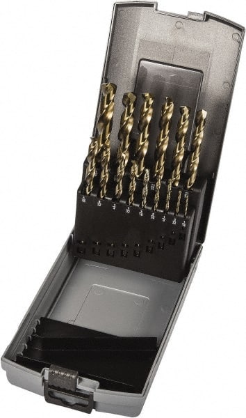 Precision Twist Drill - 1/16 to 1/2", 135° Point, Gold Finish, Cobalt Jobber Length Drill Bit Set - Makers Industrial Supply