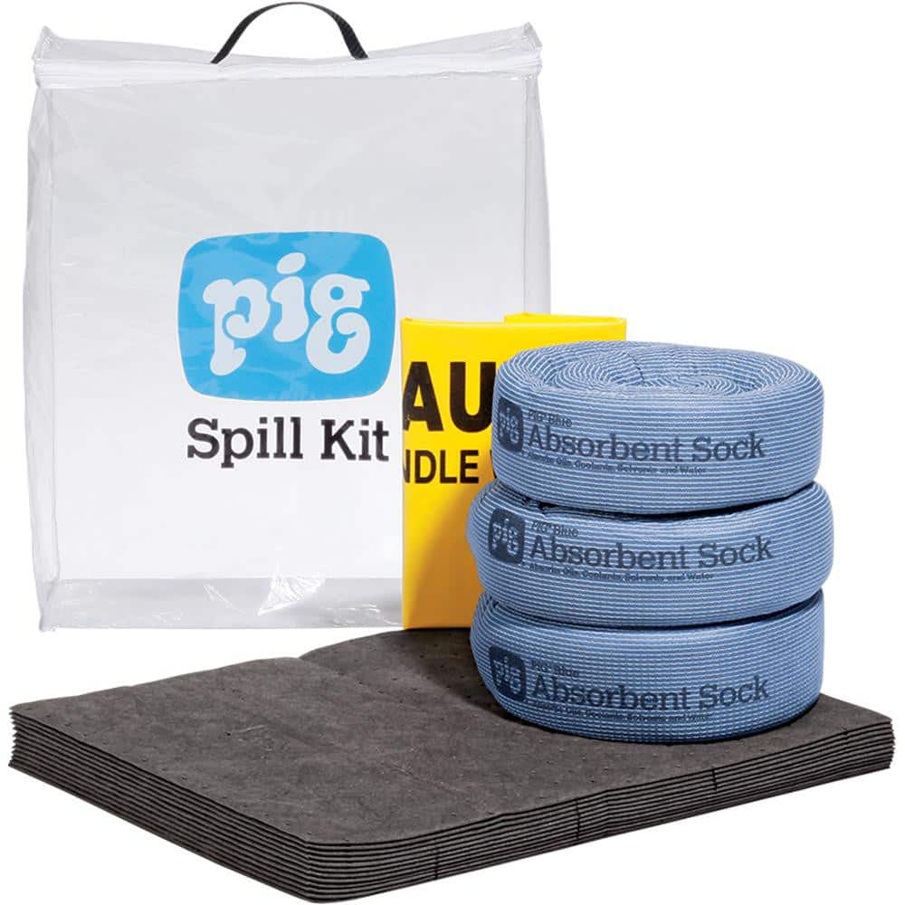 Spill Kits; Kit Type: Universal; Container Type: Bag; Absorption Capacity: 5.0 gal; Color: Clear; Portable: Yes; Includes: 3 - Ext. Dia. 3 in x 48 in L Pig Blue Absorbent Sock 12 - 15 in W x 20 in L Pig Absorbent Mat Pad 2 - 18 in W x 30 in H Polyethylene