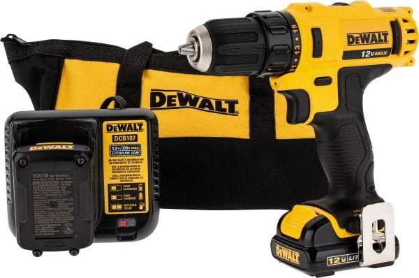 DeWALT - 12 Volt 3/8" Chuck Pistol Grip Handle Cordless Drill - 0-400 & 0-1500 RPM, Keyless Chuck, Reversible, 2 Lithium-Ion Batteries Included - Makers Industrial Supply