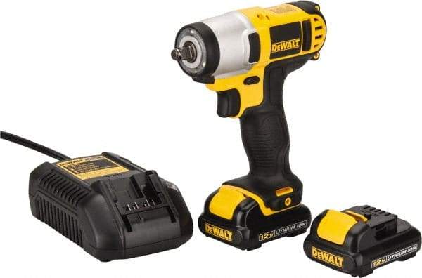 DeWALT - 3/8" Drive 12 Volt Pistol Grip Cordless Impact Wrench & Ratchet - 2,450 RPM, 0 to 3,400 BPM, 96 Ft/Lb Torque, 2 Lithium-Ion Batteries Included - Makers Industrial Supply