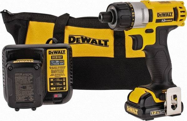 DeWALT - 12 Volt 1/4" Chuck Pistol Grip Handle Cordless Drill - 0-1050 RPM, Keyless Chuck, Reversible, 2 Lithium-Ion Batteries Included - Makers Industrial Supply